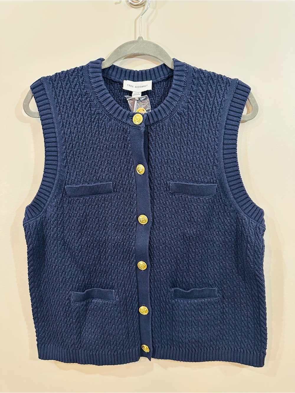 NWT Free Assembly Navy Sleeveless Knit Cardigan with Gold Buttons